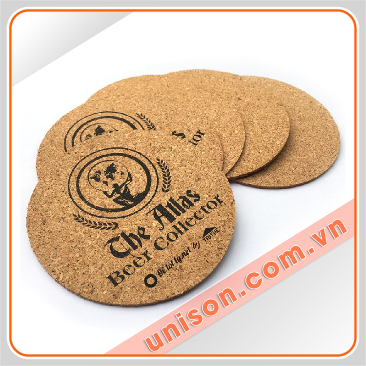 Đế lót ly gỗ bần khắc laser, logo giá rẻ unison