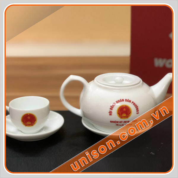 bộ ấm trà sứ CK in logo doanh nghiệp
