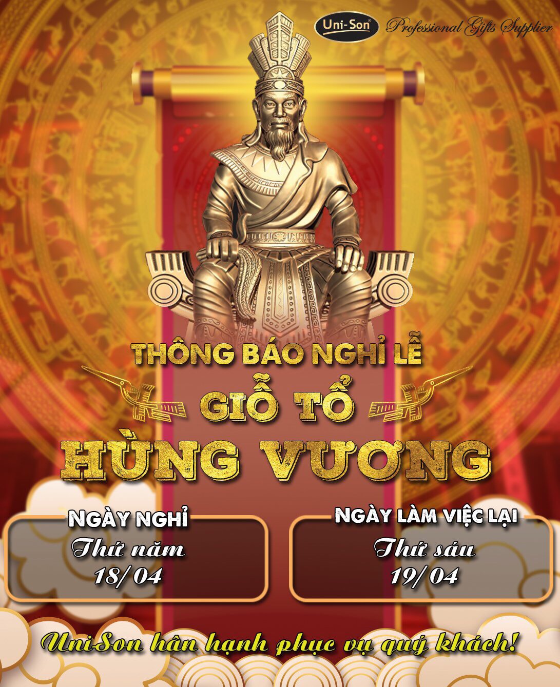 thông báo nghĩ lễ Giổ Tổ Hùng Vương - 30/4-1/5/2023 unison hình 1